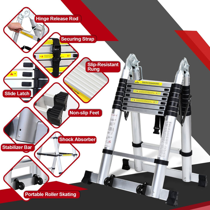 5M Aluminum Telescopic Ladder Folding Ladder with Wheels and Triangle Stabilizer | Bowlift