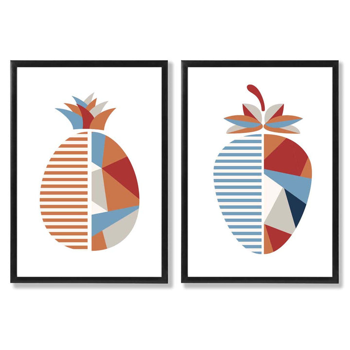 Blue and orange geometric strawberry fruit framed set of 2 art prints | Bowlift