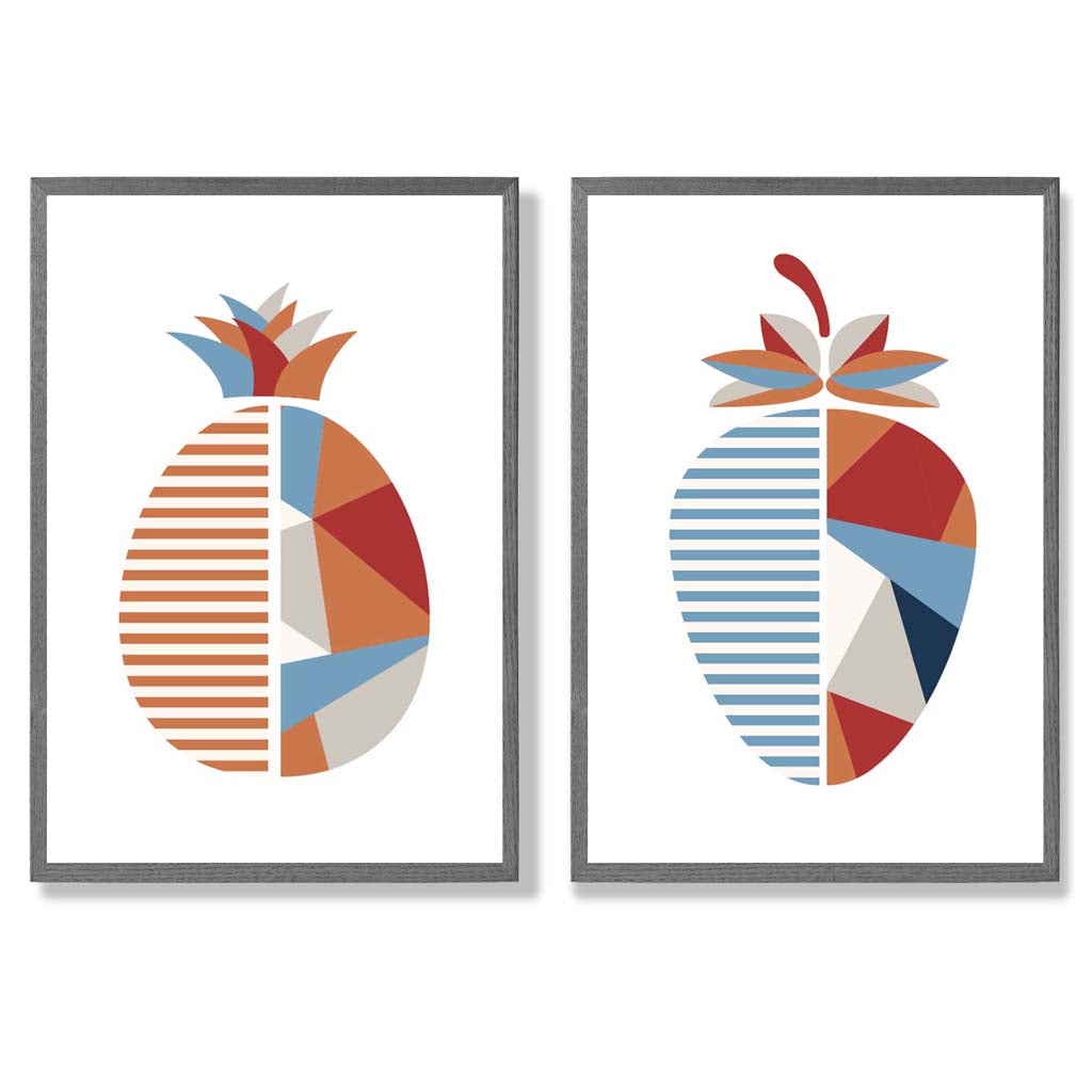 Blue and orange geometric strawberry fruit framed set of 2 art prints | Bowlift