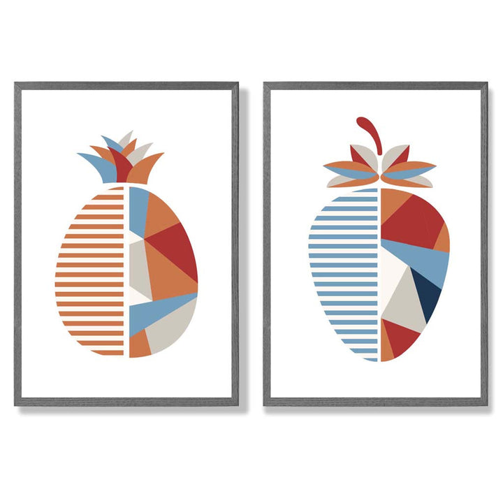 Blue and orange geometric strawberry fruit framed set of 2 art prints | Bowlift