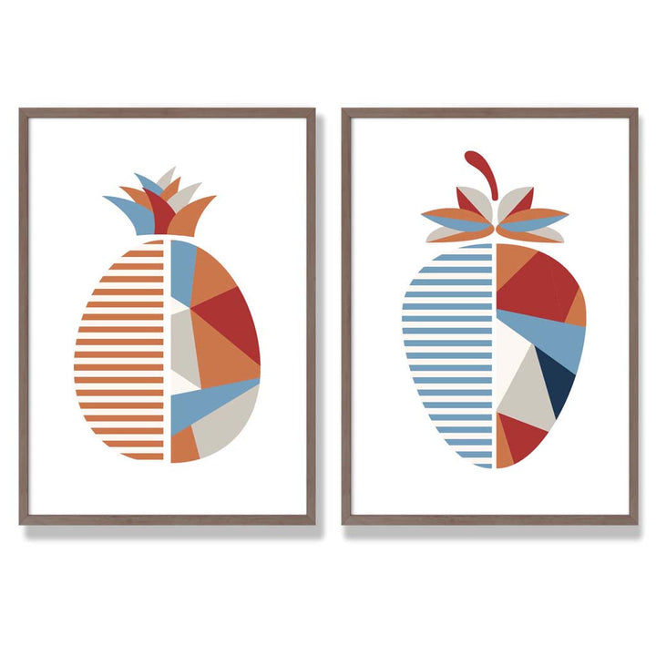Blue and orange geometric strawberry fruit framed set of 2 art prints | Bowlift