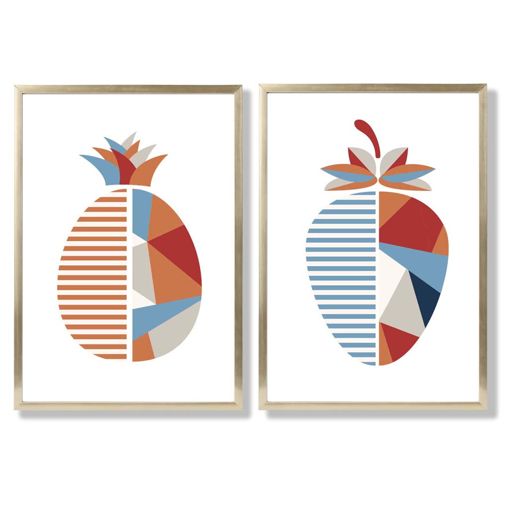 Blue and orange geometric strawberry fruit framed set of 2 art prints | Bowlift