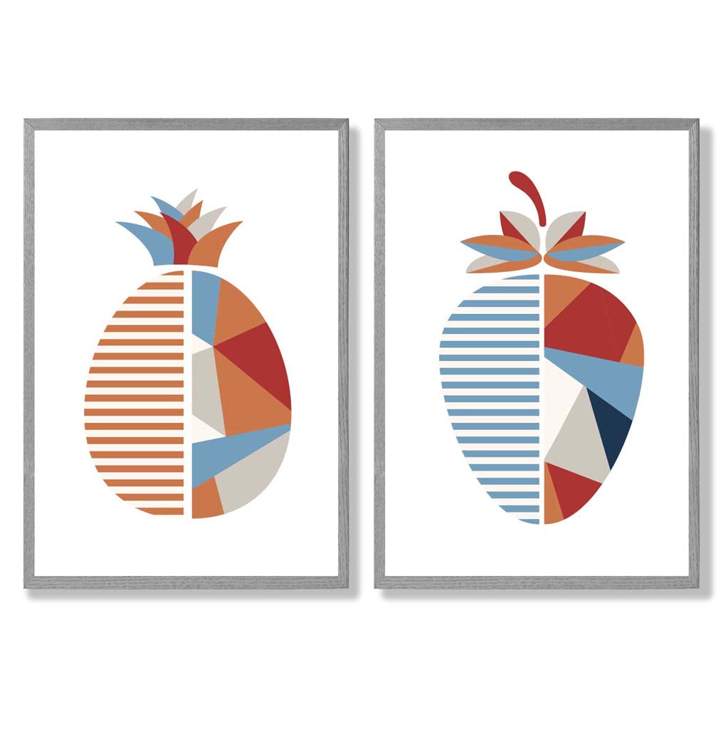 Blue and orange geometric strawberry fruit framed set of 2 art prints | Bowlift
