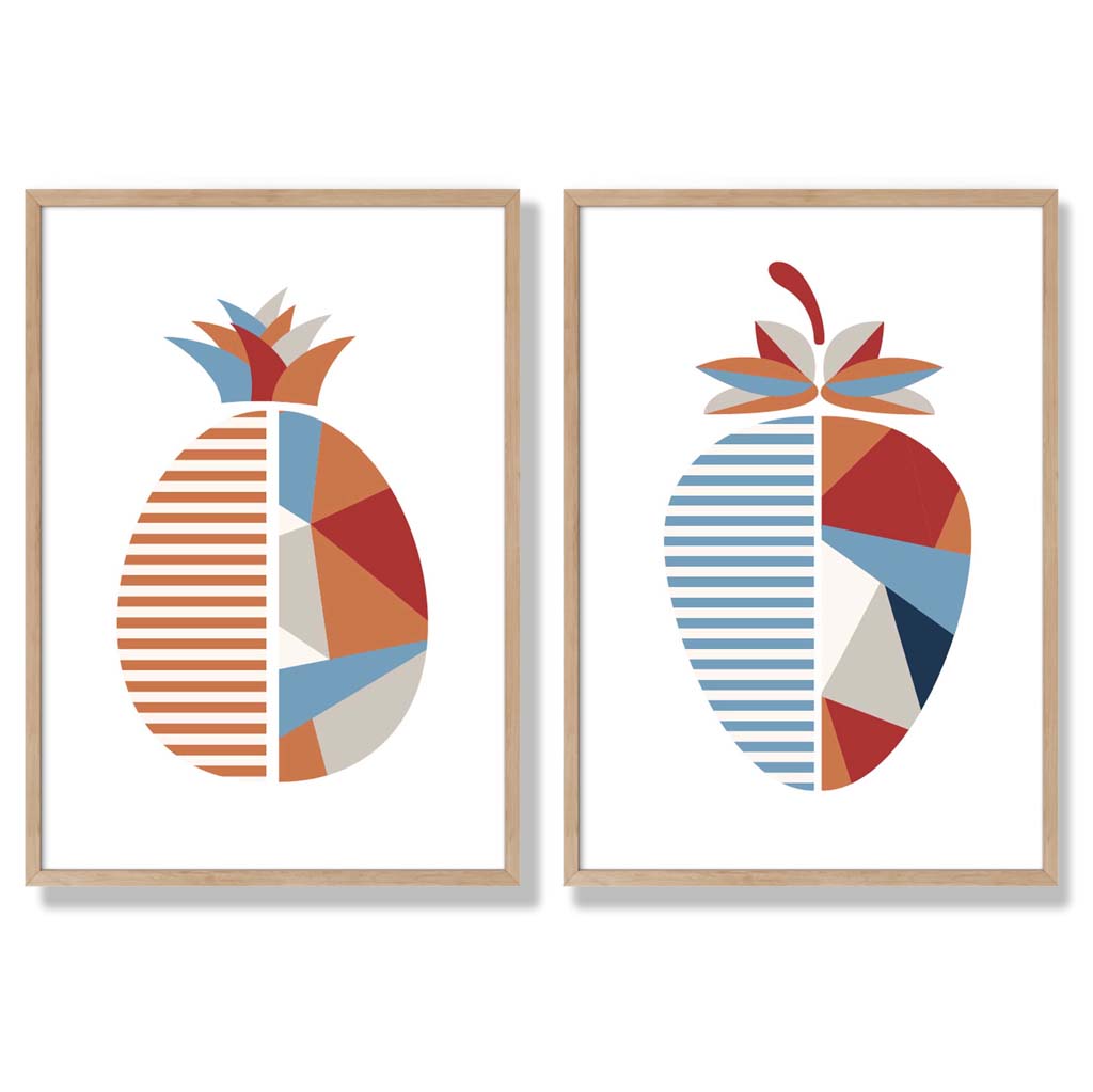 Blue and orange geometric strawberry fruit framed set of 2 art prints | Bowlift