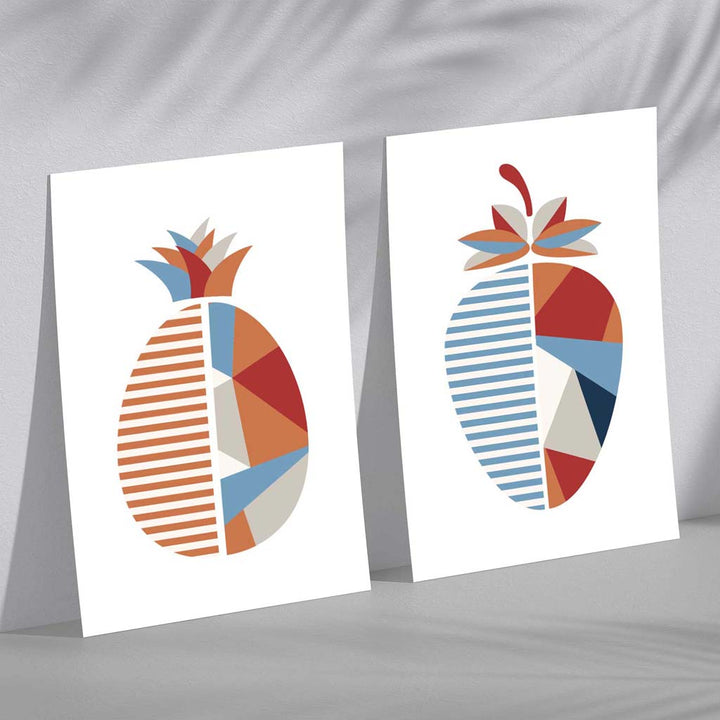 Blue and orange geometric strawberry fruit set of 2 art prints | Bowlift