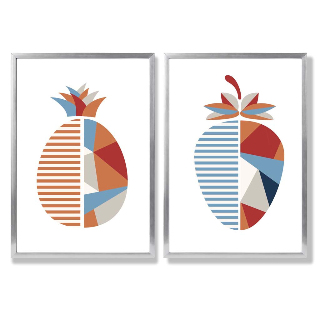 Blue and orange geometric strawberry fruit framed set of 2 art prints | Bowlift