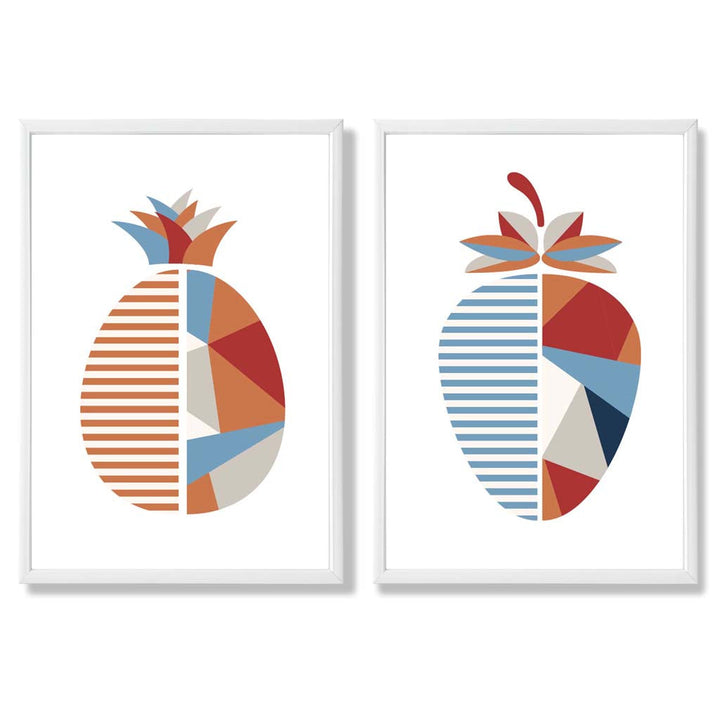Blue and orange geometric strawberry fruit framed set of 2 art prints | Bowlift