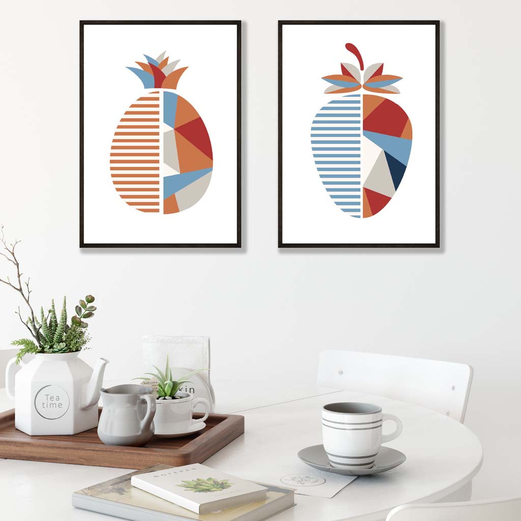 Blue and orange geometric strawberry fruit framed set of 2 art prints | Bowlift