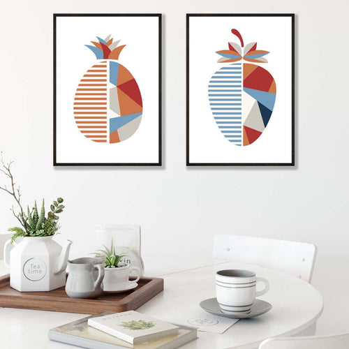 Blue and orange geometric strawberry fruit framed set of 2 art prints | Bowlift