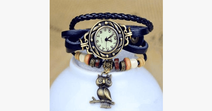 BowLift | Owl Vintage Wrap Watch with Boho-Chic Style Bracelet - Woven cuff-style bracelet watch for a funky look!