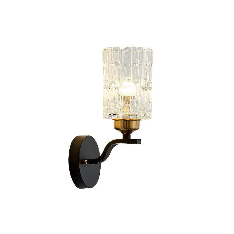 BowLift | Clear Crystal Cylinder Wall Light Sconce Contemporary 1 Light Sconce Lamp with Metallic Curved Arm in Black