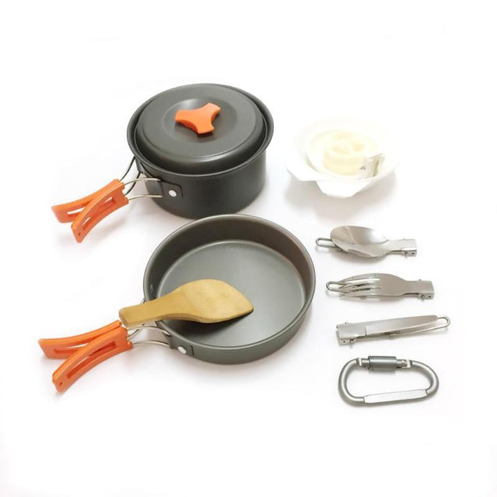 lightweight portable camping cookware set with nonstick nesting pots pans foldable handles and compact utensil kit Bowlift