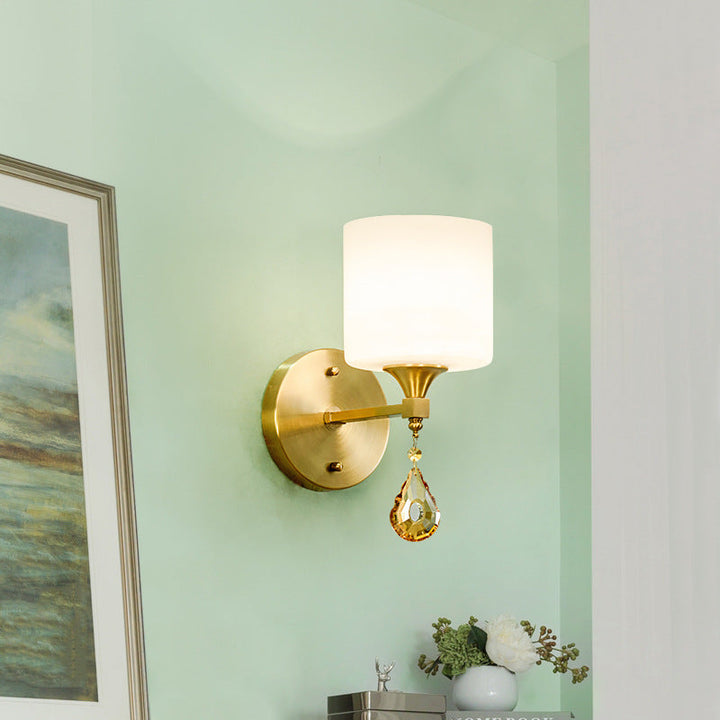 BowLift | Nordic Style Cylinder Wall Lamp Frosted Glass 1/2-Light Wall Light with Amber Crystal Drops in Brass