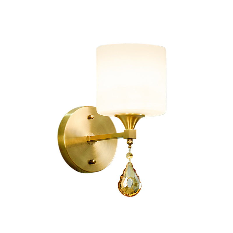 BowLift | Nordic Style Cylinder Wall Lamp Frosted Glass 1/2-Light Wall Light with Amber Crystal Drops in Brass