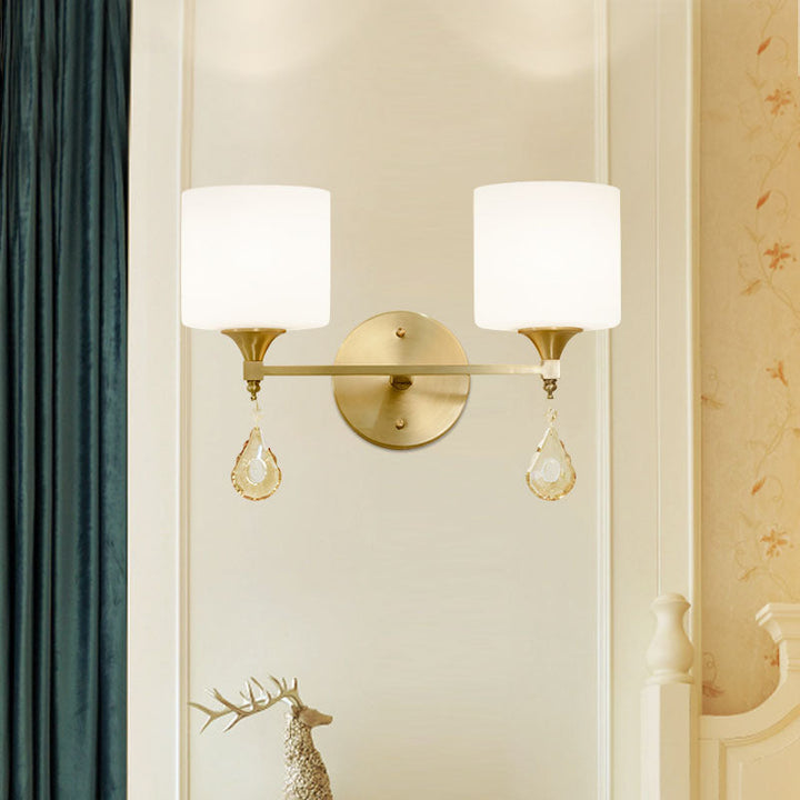 BowLift | Nordic Style Cylinder Wall Lamp Frosted Glass 1/2-Light Wall Light with Amber Crystal Drops in Brass