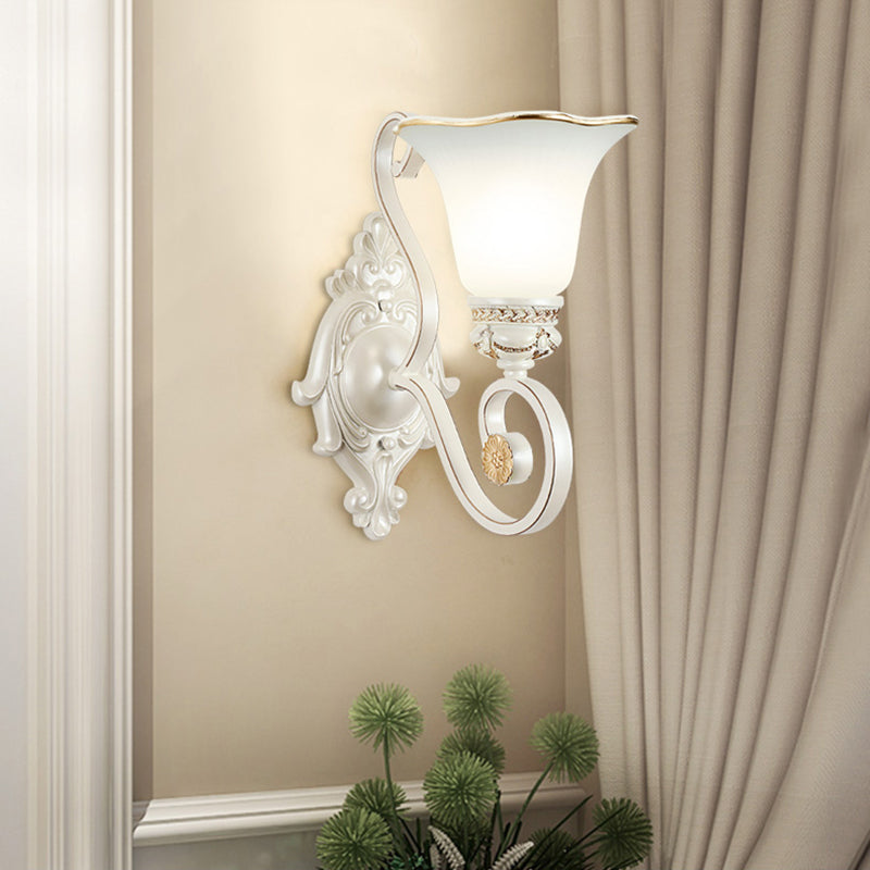 BowLift | Milk glass flower wall lamp vintage 1/2 head wall-mounted light with clear crystal accent in white for the bedroom