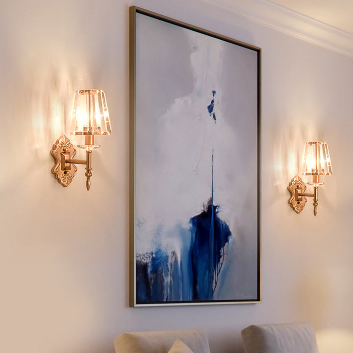BowLift | Faceted Crystal Wall Light with Conical Shade Modernist 1/2-Light Wall Lamp in Copper for Bedroom