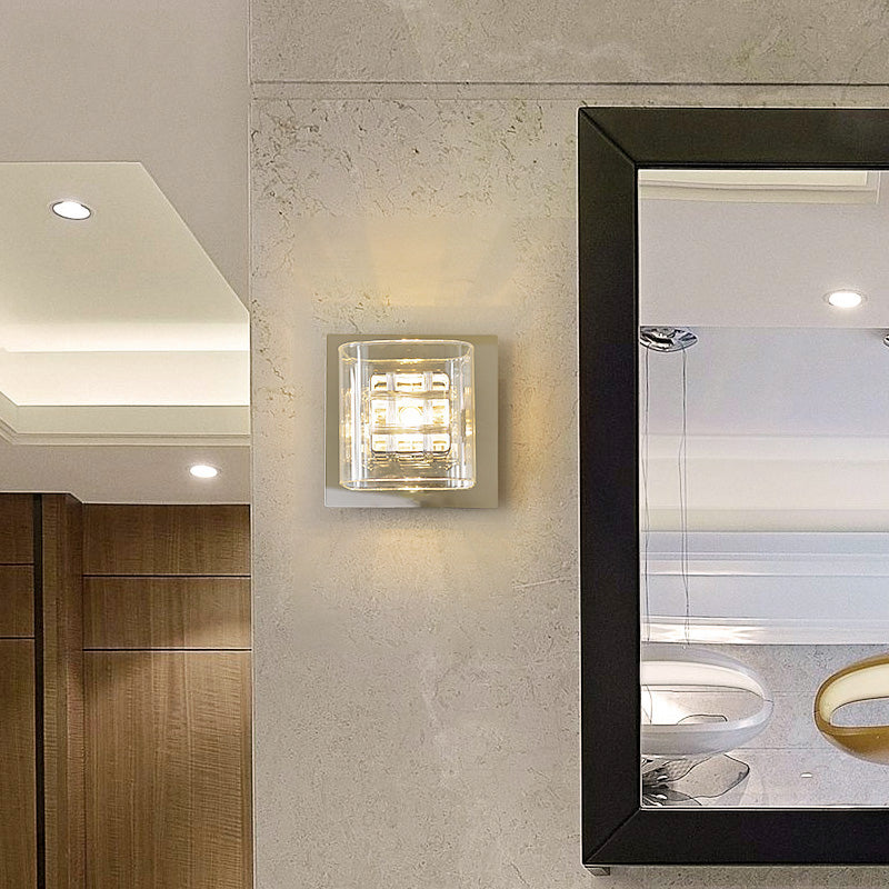 BowLift | Clear Glass Square Wall Lamp Contemporary 1 Light Wall Lamp with Inner Wire Shade in Chrome for Hallway