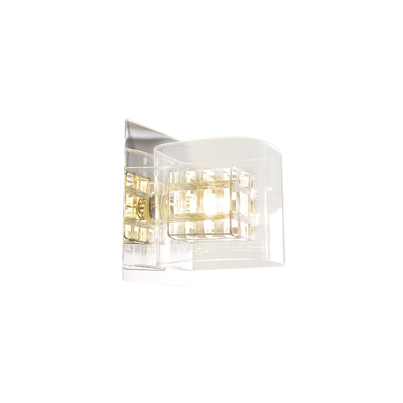 BowLift | Clear Glass Square Wall Lamp Contemporary 1 Light Wall Lamp with Inner Wire Shade in Chrome for Hallway