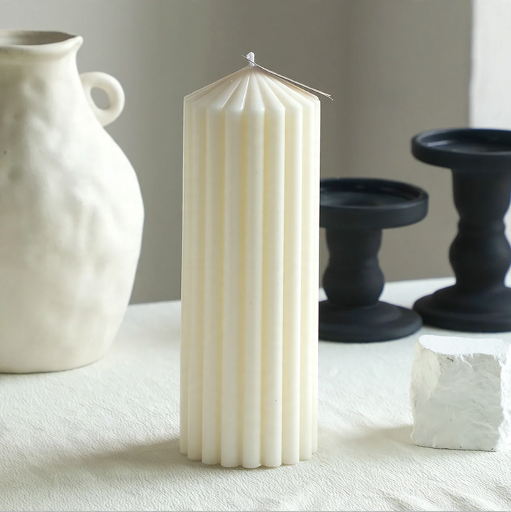 White geometric scented candle, Nordic, pillar shape