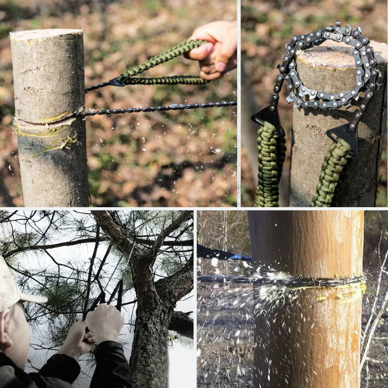 Compact Survival Chain Saw with Braided Paracord Handles Bowlift