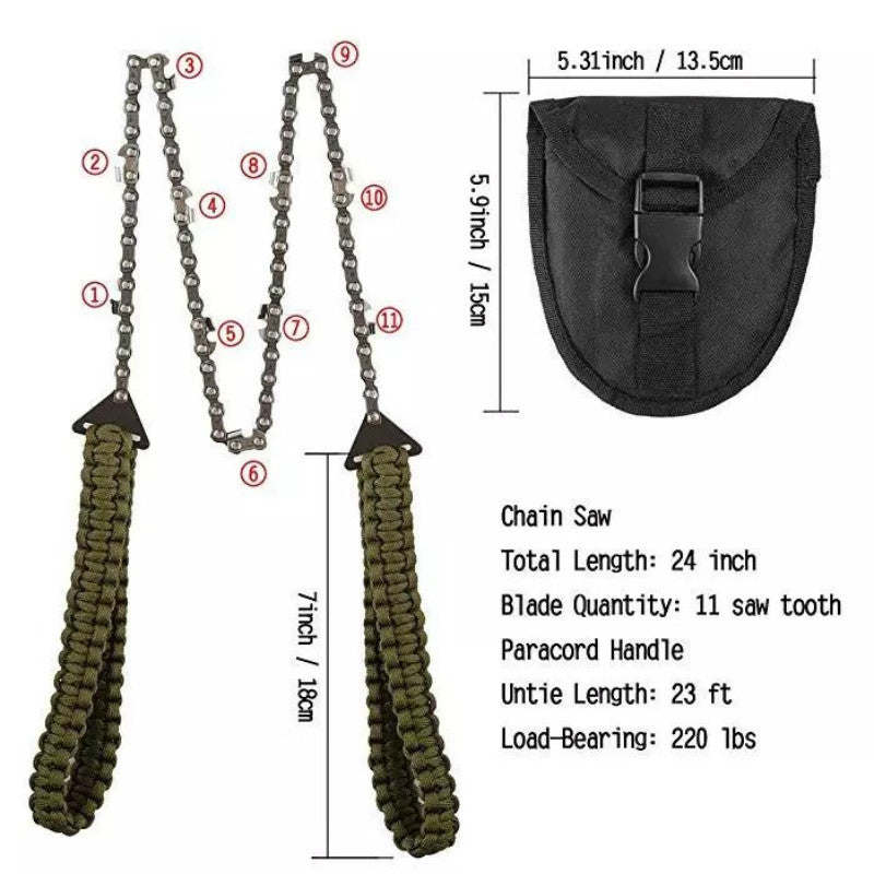 Compact Survival Chain Saw with Braided Paracord Handles Bowlift