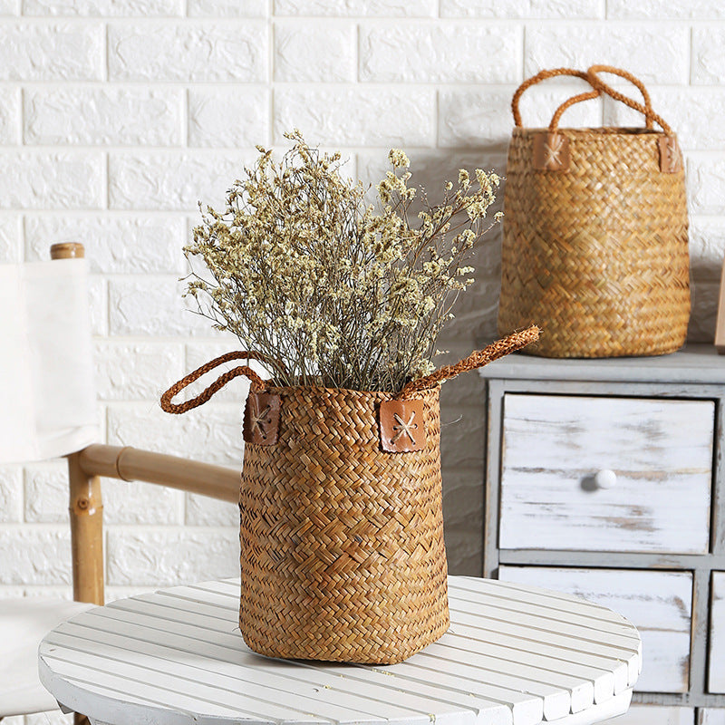 Unisex Handwoven Storage Basket with Leather Handles Bowlift