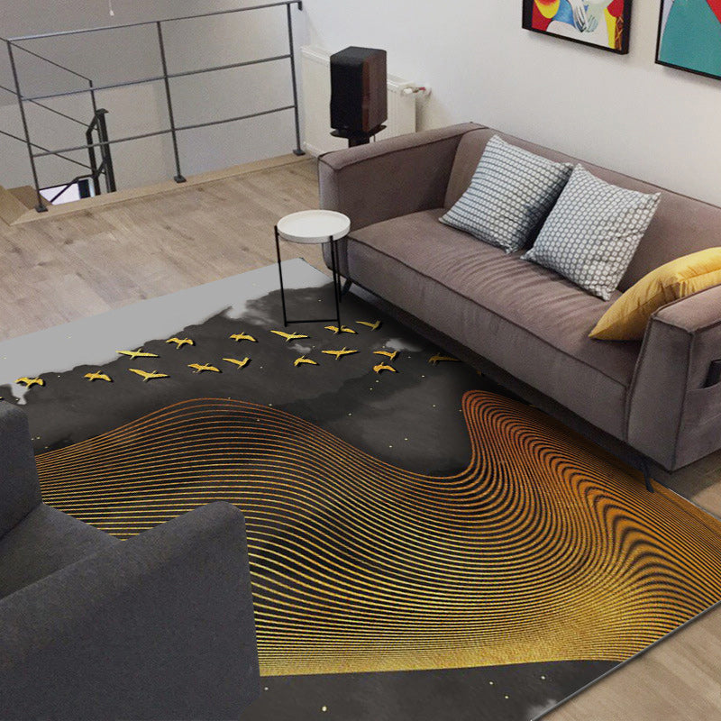 Creative Swirl Lines Carpet Black and Gold Novelty Carpet Polyester Washable Non-Slip Backing Carpet for Living Room | Bowlift