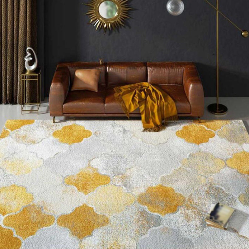 Yellow and Gray Contemporary Rug Polyester Albany Geometric Ogee Print Rug Washable Non-Slip Back Mat Rug for the Living Room | Bowlift