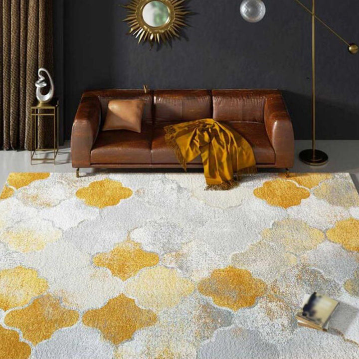 Yellow and Gray Contemporary Rug Polyester Albany Geometric Ogee Print Rug Washable Non-Slip Back Mat Rug for the Living Room | Bowlift