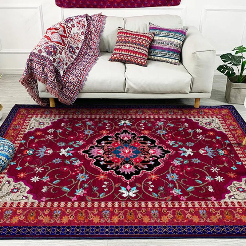 BowLift | Moroccan Living Room Rug with Red Medallion Floral Pattern Rug Polyester Non-slip Machine Washable Rug