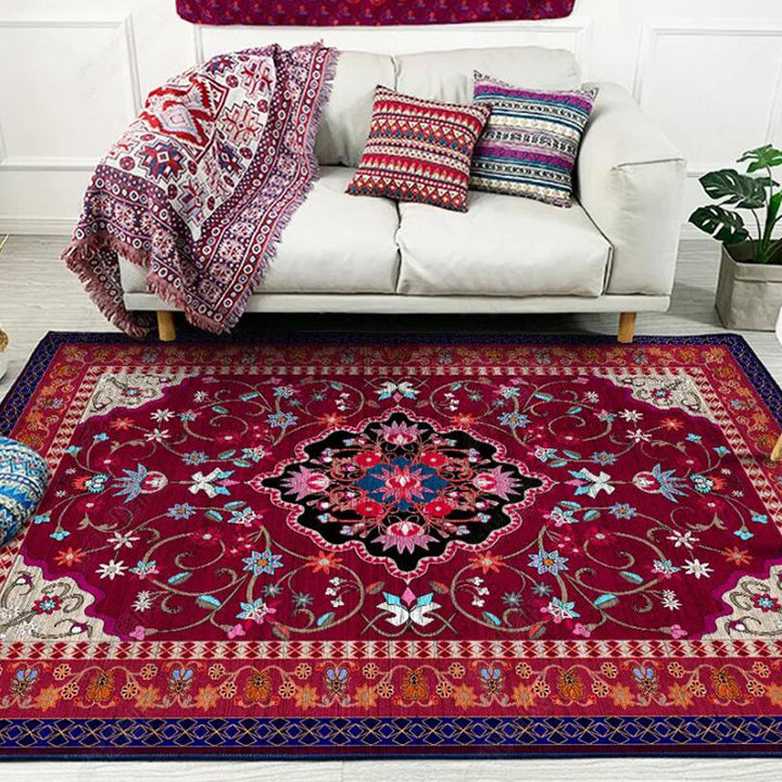 BowLift | Moroccan Living Room Rug with Red Medallion Floral Pattern Rug Polyester Non-slip Machine Washable Rug