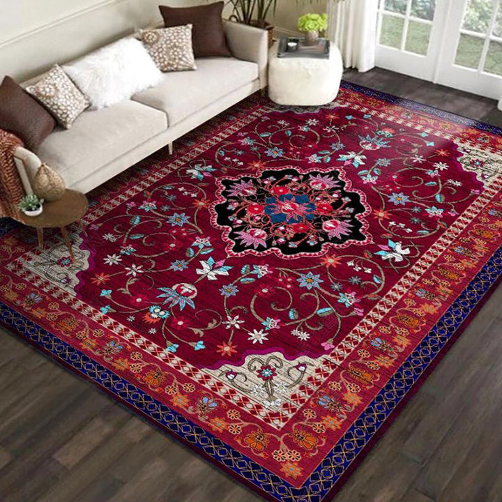 BowLift | Moroccan Living Room Rug with Red Medallion Floral Pattern Rug Polyester Non-slip Machine Washable Rug