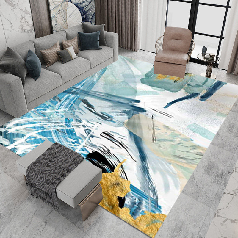 Unique Abstract Rug Blue and White Casual Rug Polyester Washable Non-Slip Back Rug for Bedroom | Bowlift
