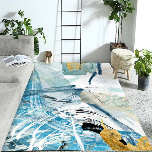 Unique Abstract Rug Blue and White Casual Rug Polyester Washable Non-Slip Back Rug for Bedroom | Bowlift