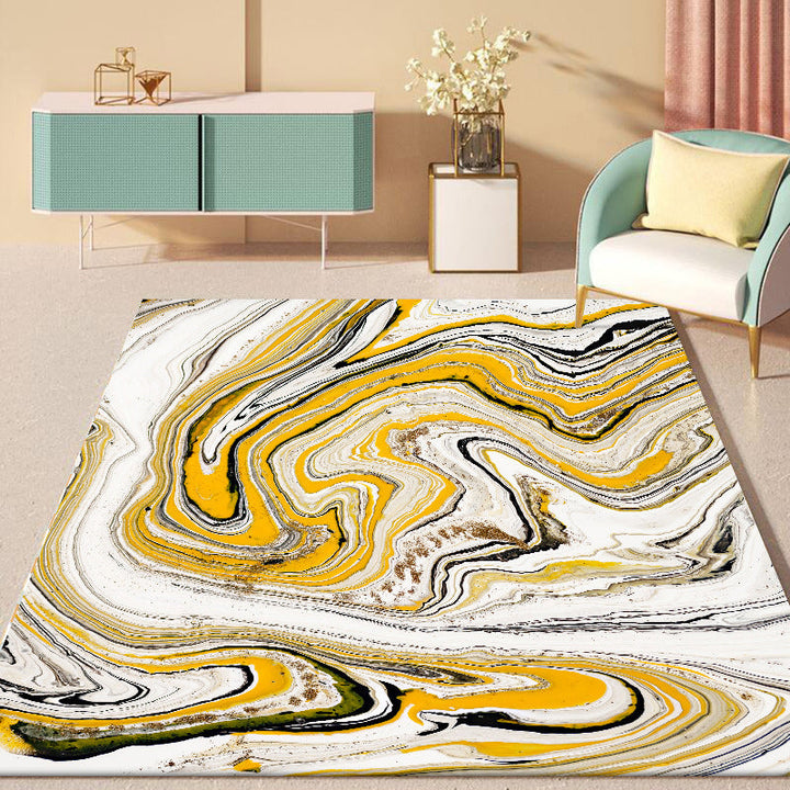 Yellow and white contemporary rug polyester swirl lines watercolor print rug washable non-slip backing rug for living room | Bowlift