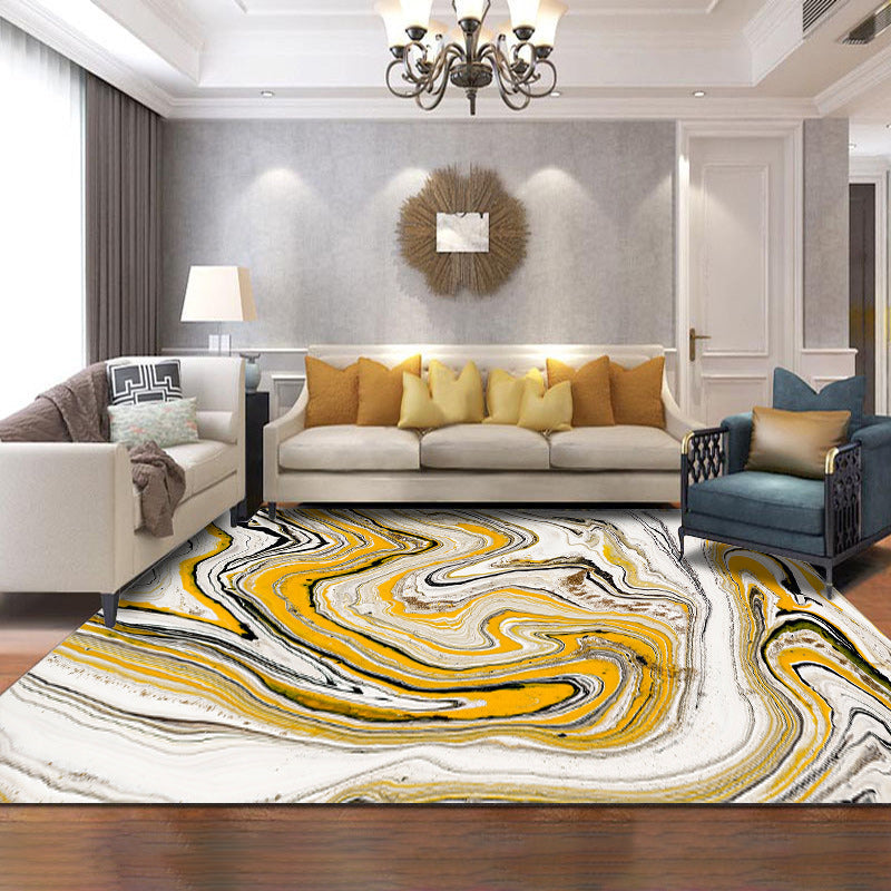 Yellow and white contemporary rug polyester swirl lines watercolor print rug washable non-slip backing rug for living room | Bowlift