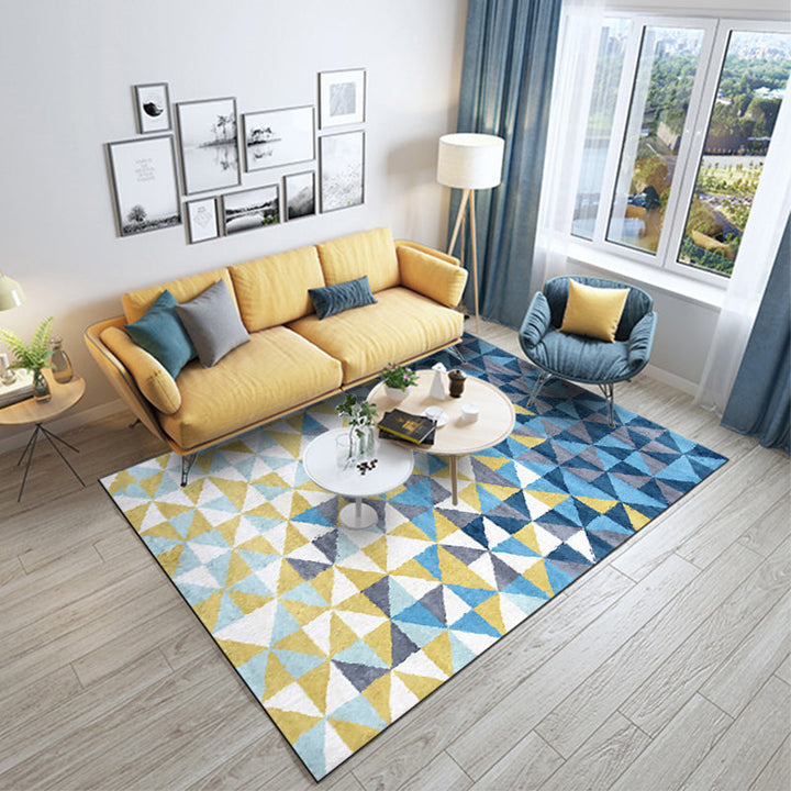 Blue and Yellow Bedroom Rug Modern Geometric Triangle Pattern Area Rug Polyester Machine Washable Non-Slip Rug | Bowlift