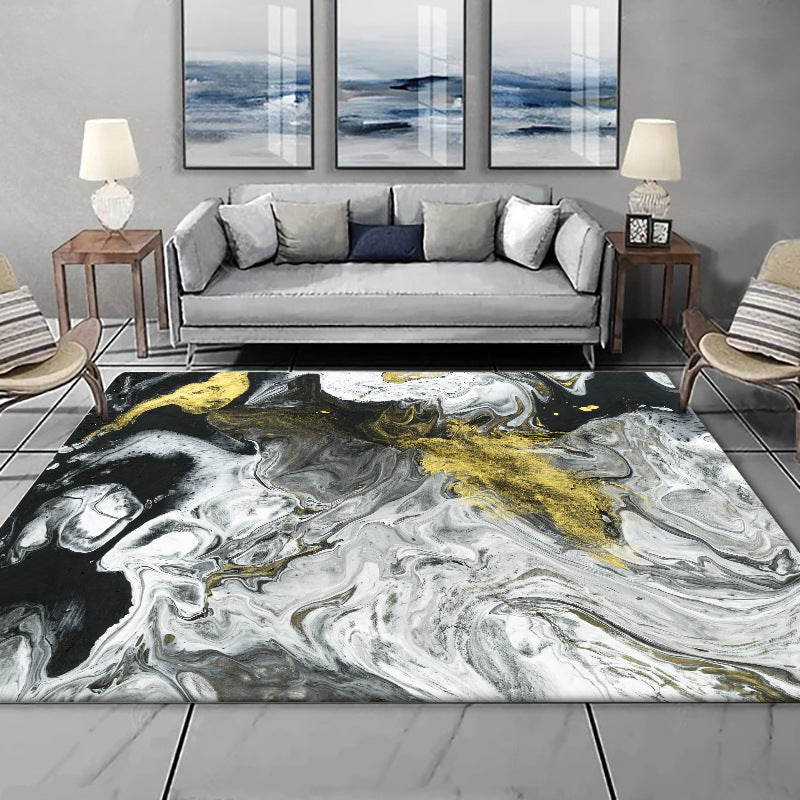 Modern Living Room Rug in White and Black Abstract Paint Pattern Rug Polyester Washable Rug | Bowlift
