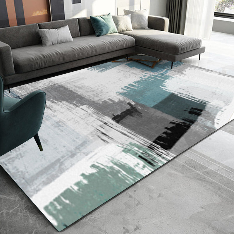 Blue and Gray Modern Rug Polyester Brush Stroke Painting Print Rug Washable Non-Slip Underlay Rug for the Living Room | Bowlift