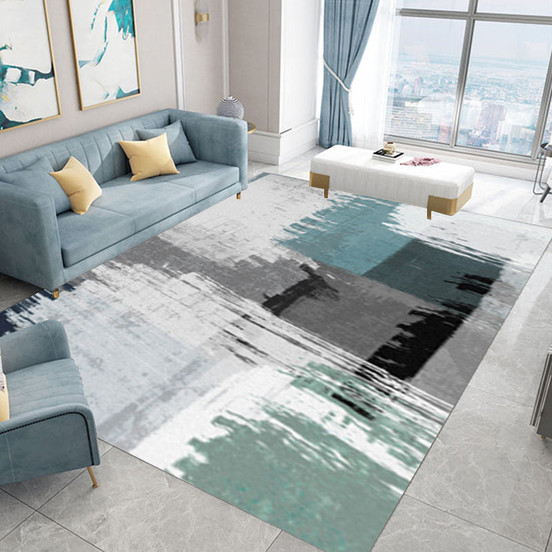 Blue and Gray Modern Rug Polyester Brush Stroke Painting Print Rug Washable Non-Slip Underlay Rug for the Living Room | Bowlift