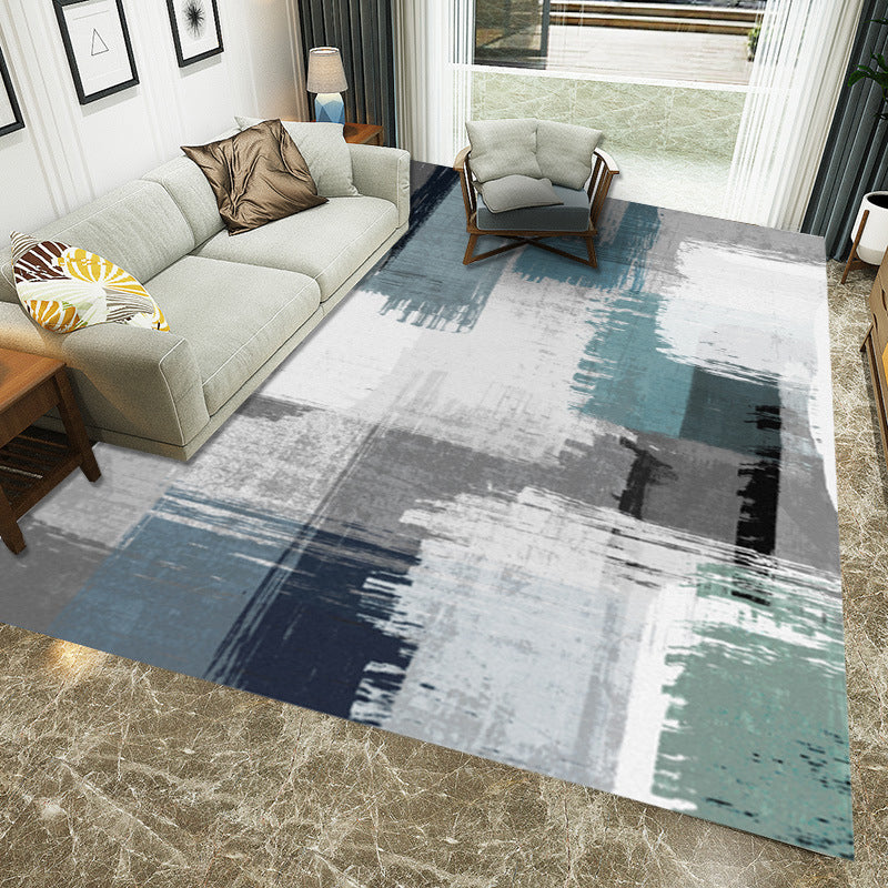 Blue and Gray Modern Rug Polyester Brush Stroke Painting Print Rug Washable Non-Slip Underlay Rug for the Living Room | Bowlift