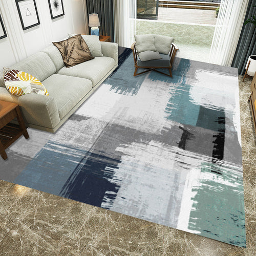 Blue and Gray Modern Rug Polyester Brush Stroke Painting Print Rug Washable Non-Slip Underlay Rug for the Living Room | Bowlift