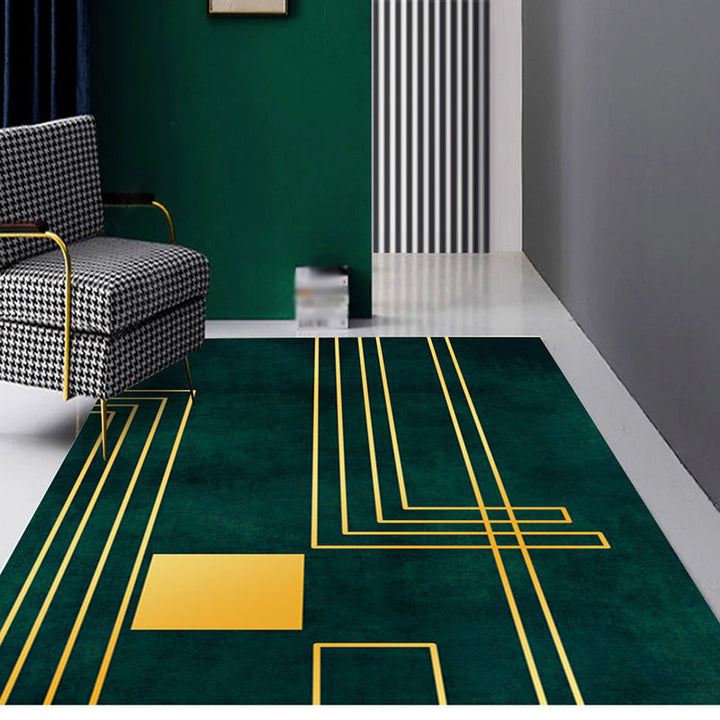 Simply striped rug made of green and gold polyester, machine washable, non-slip backing, rug for the bedroom | Bowlift