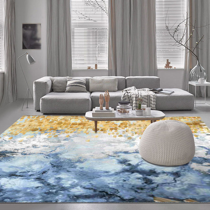 New oil painting pattern rug blue and white polyester rug washable non-slip backing rug for living room | Bowlift