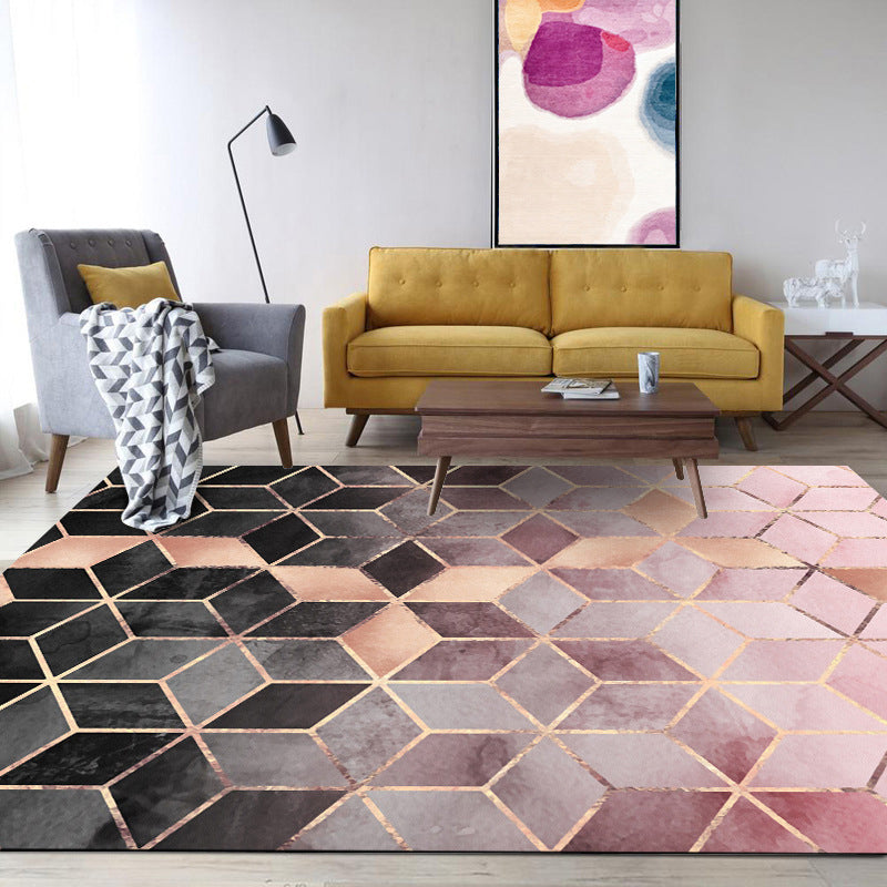 Pink Bedroom Carpet Modern Geometric Hexagon Pattern Area Rug Polyester Stain Resistant Washable Rug | Bowlift