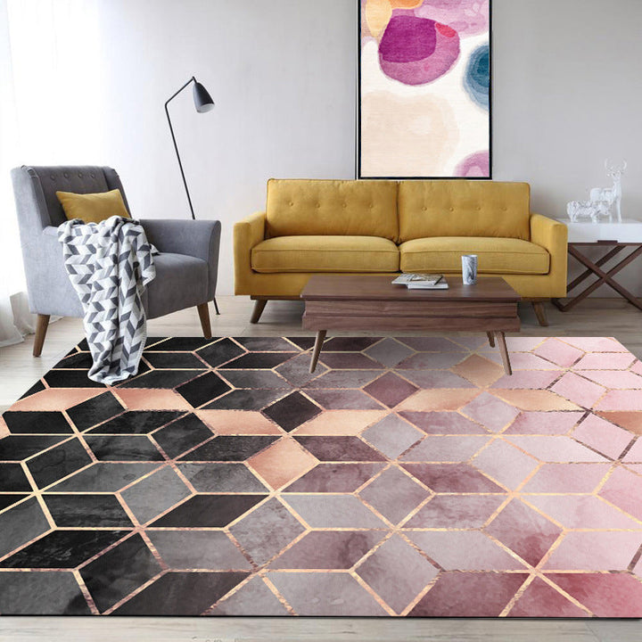 Pink Bedroom Carpet Modern Geometric Hexagon Pattern Area Rug Polyester Stain Resistant Washable Rug | Bowlift