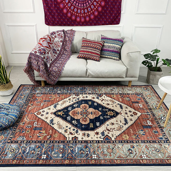 BowLift | Moroccan Living Room Rug in Brown Medallion Floral Pattern Carpet Polyester Non-Slip Stain-Resistant Area Rug