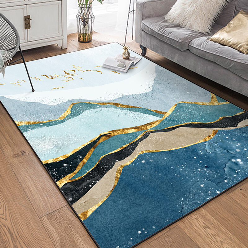 Blue and gold contemporary carpet polyester mountain bird pattern carpet washable non-slip underlay carpet for the living room | Bowlift