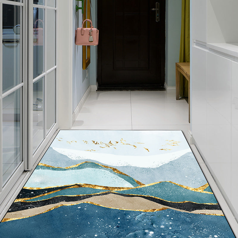 Blue and gold contemporary carpet polyester mountain bird pattern carpet washable non-slip underlay carpet for the living room | Bowlift